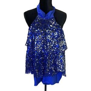 Kelle Brand Dance Costume Girls Large One Piece w Shorts Blue Sequins Jazz Tap